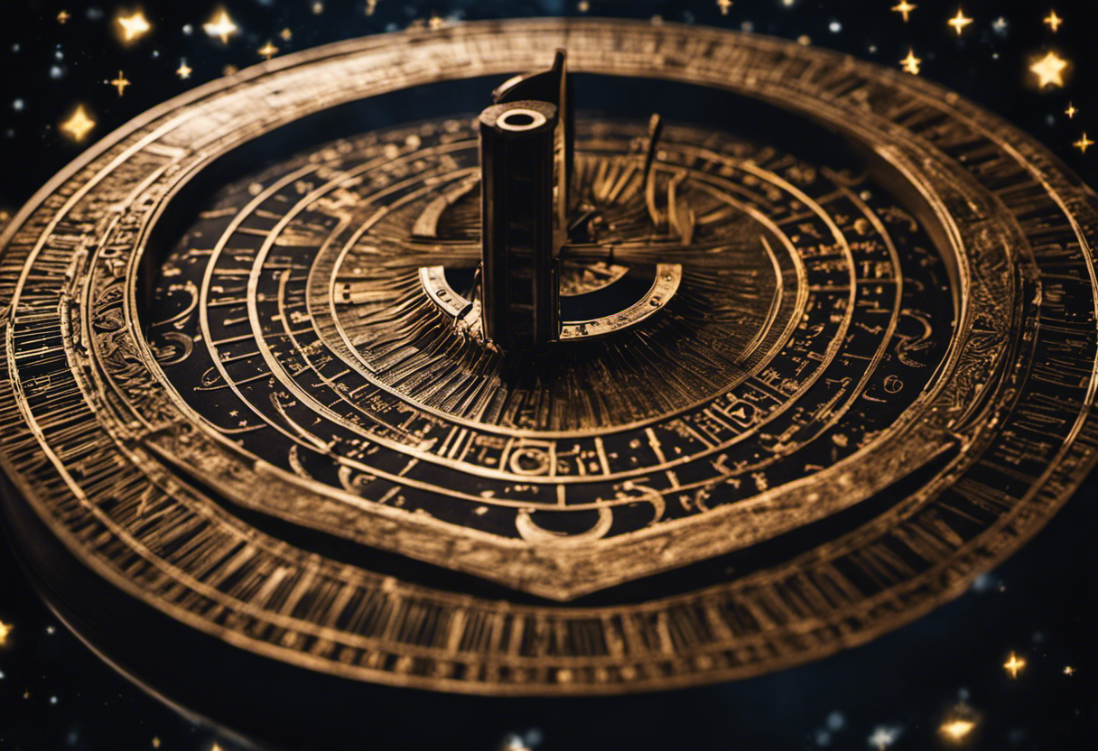 An image featuring a beautifully intricate ancient Greek sundial, positioned against a backdrop of a starry night sky