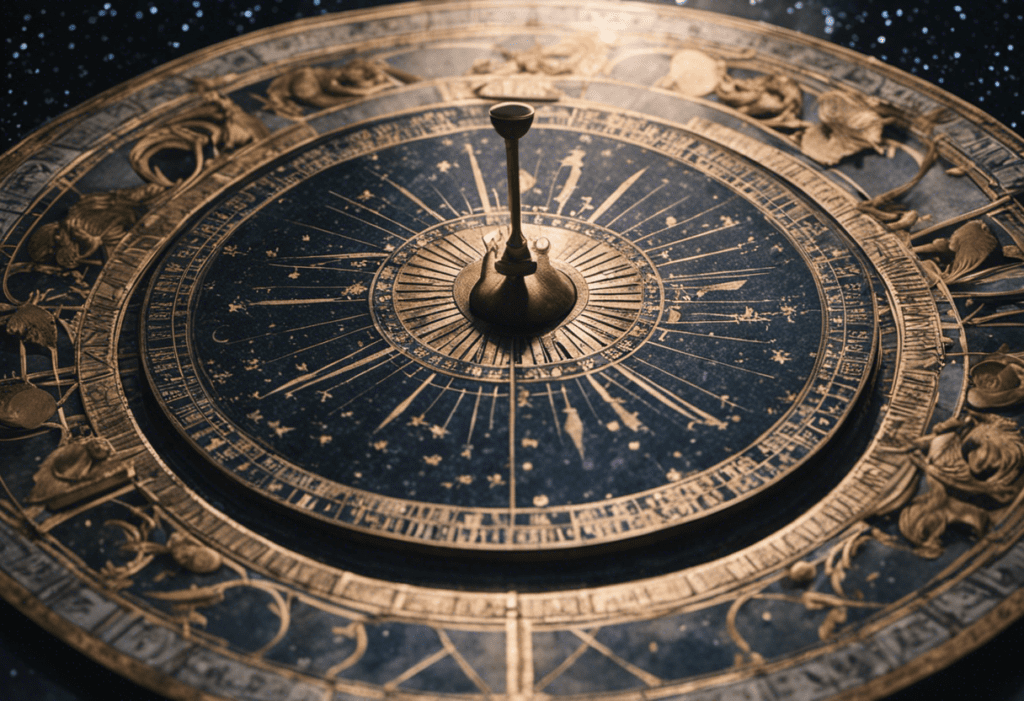 An image showcasing an intricate marble sundial, adorned with zodiac symbols, casting a precise shadow on a mosaic floor