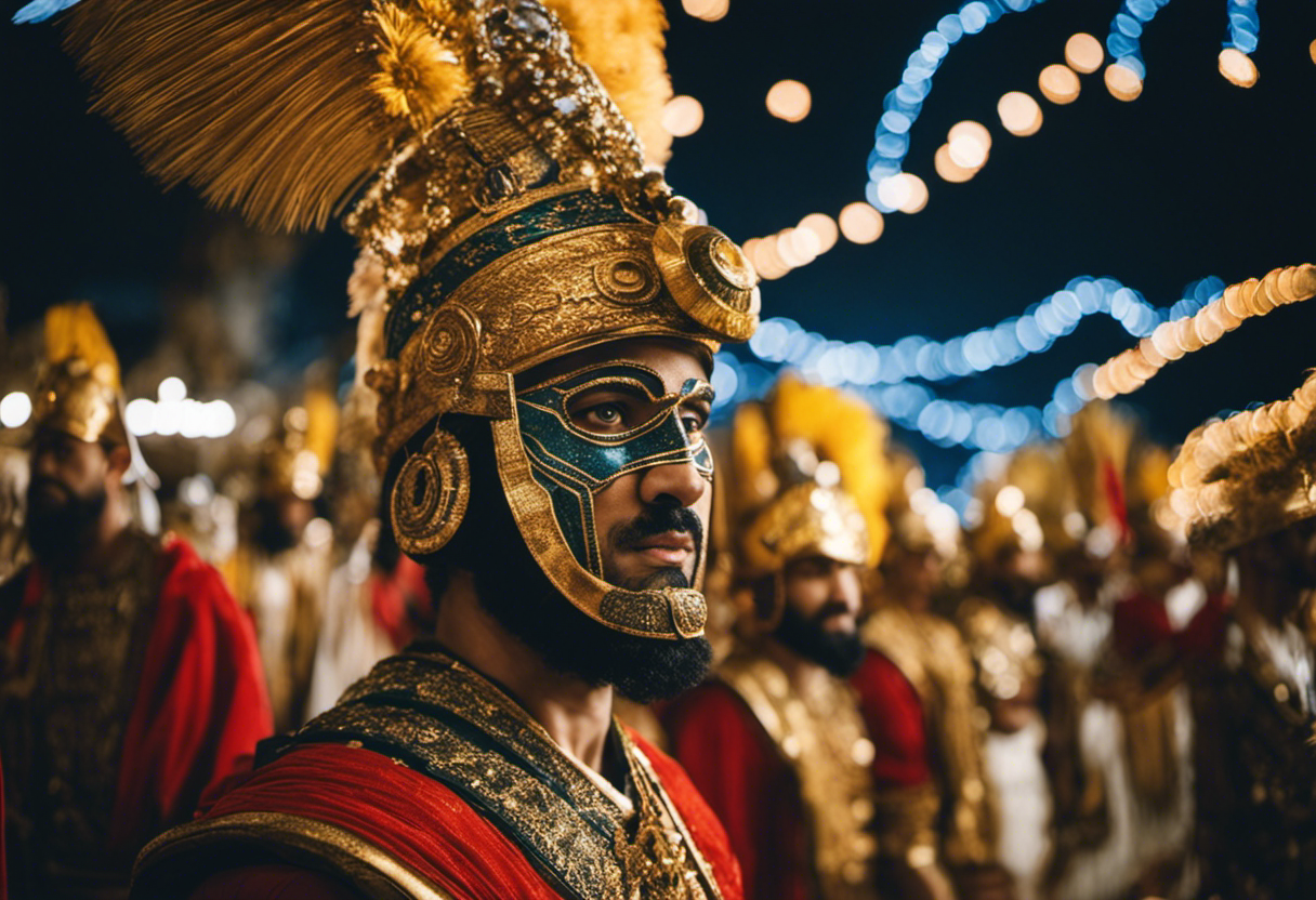 An image capturing the essence of Babylonian deity-inspired rituals and festivals, picturing vibrant processions, adorned with extravagant costumes and ornate masks, honoring celestial forces that shaped the calendar months