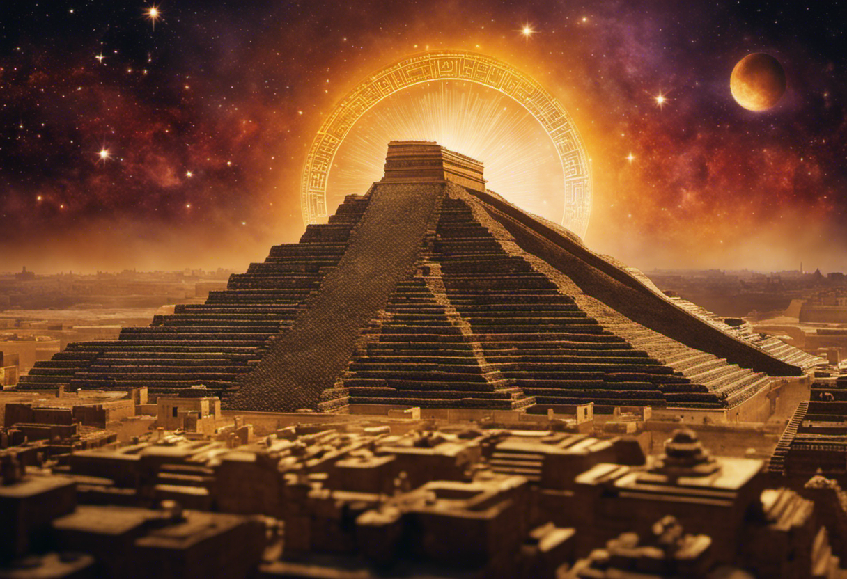 An image showcasing a stunning celestial scene, with a majestic ziggurat nestled in the foreground, representing the ancient city of Babylon