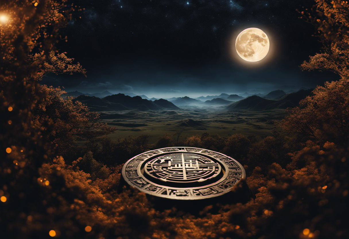 An image depicting a celestial landscape with a prominent full moon, illuminating intricate Zulu and Chinese calendar symbols intertwined, symbolizing the harmonious convergence of lunar influences in both cultures