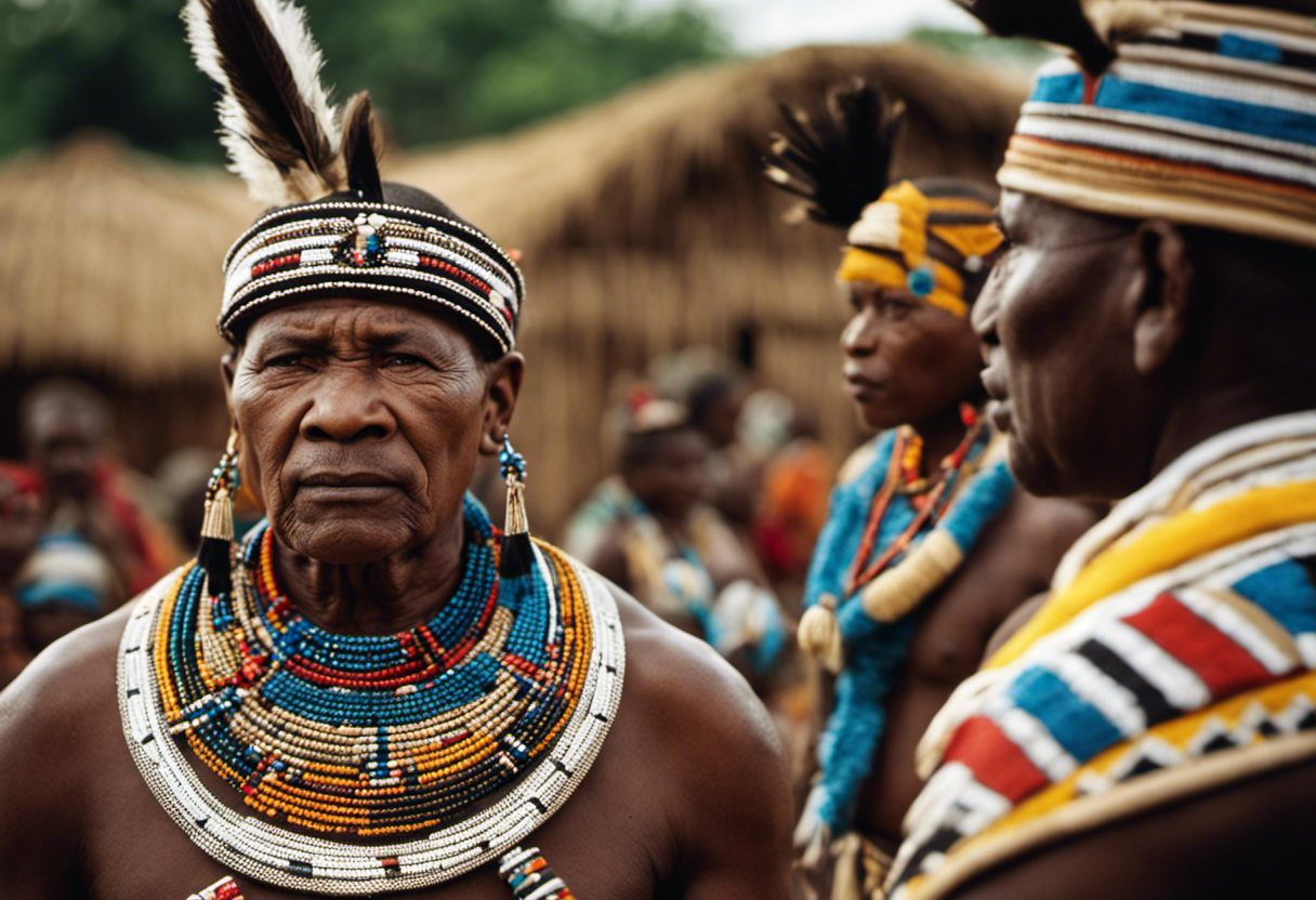 An image showcasing a vibrant Zulu village adorned with intricate tribal patterns, where elders consult the Zulu calendar, while neighboring indigenous communities gather to exchange knowledge and celebrate the rich cultural heritage