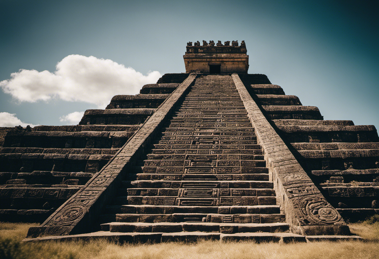An image of a serene ancient Aztec archaeological site, with a towering stone structure adorned with intricate carvings