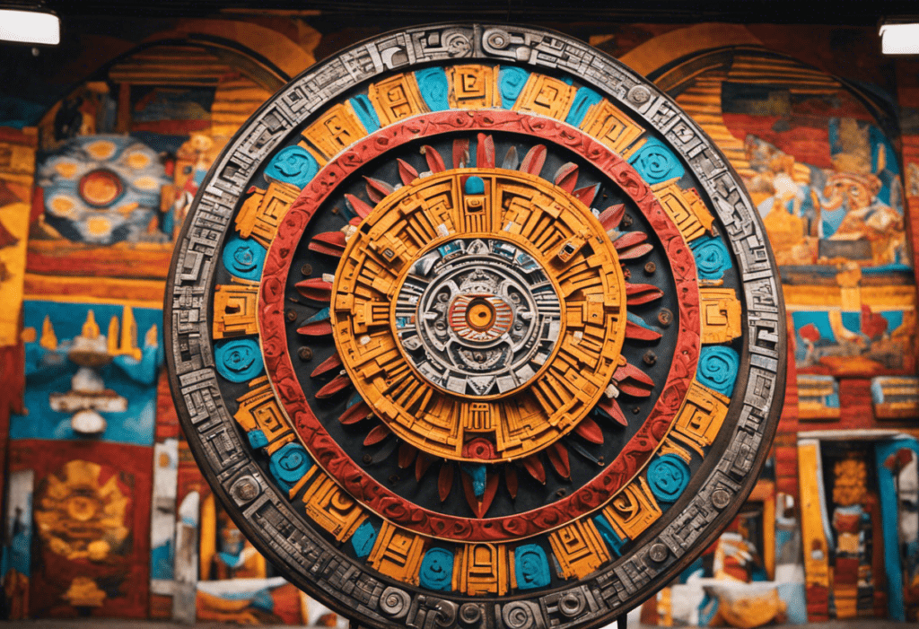 An image displaying a vibrant mural of the iconic Aztec calendar, blending seamlessly with the modern cityscape of Mexico, symbolizing the enduring cultural heritage and profound influence of the Aztec civilization
