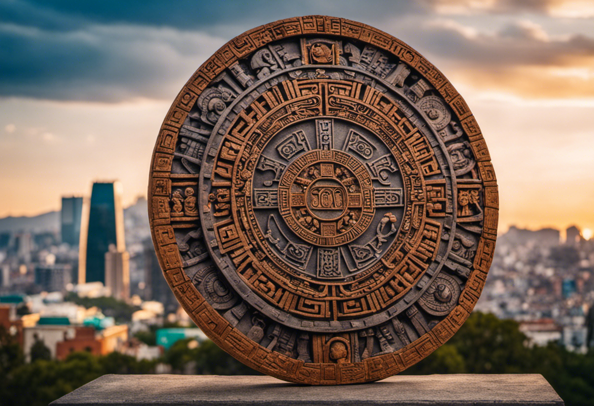 An image showcasing the intricate carvings and symbols of the Aztec Calendar Stone, juxtaposed against a modern backdrop of Mexico City's skyline, highlighting the lasting historical impact and cultural significance of this iconic artifact