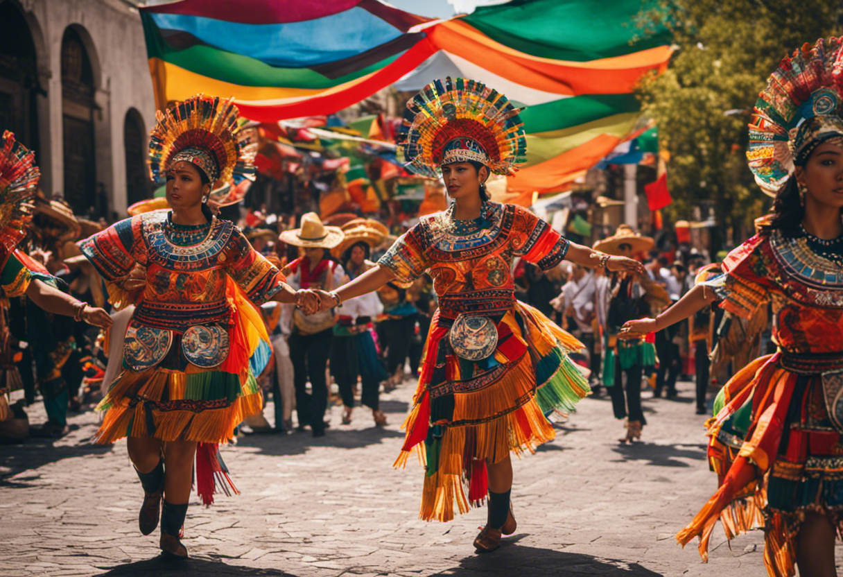  the vibrant essence of modern Mexico's Aztec calendar legacy by illustrating a bustling city plaza adorned with colorful banners and lively dancers, their movements mirroring the intricate patterns of the ancient calendar