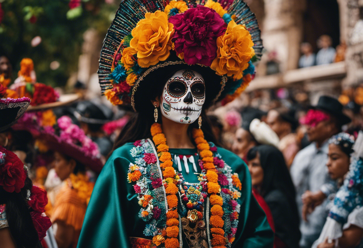 An image capturing the vibrant festivities of the Day of the Dead in Mexico, where the iconic Aztec calendar emerges from the bustling streets, seamlessly blending ancient traditions with modern celebrations