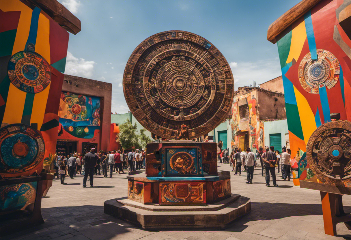 An image depicting a modern art installation in a bustling Mexican city square; a striking metal sculpture of the Aztec Calendar, surrounded by vibrant murals and local artisans, capturing the ongoing efforts to preserve and celebrate its rich cultural heritage