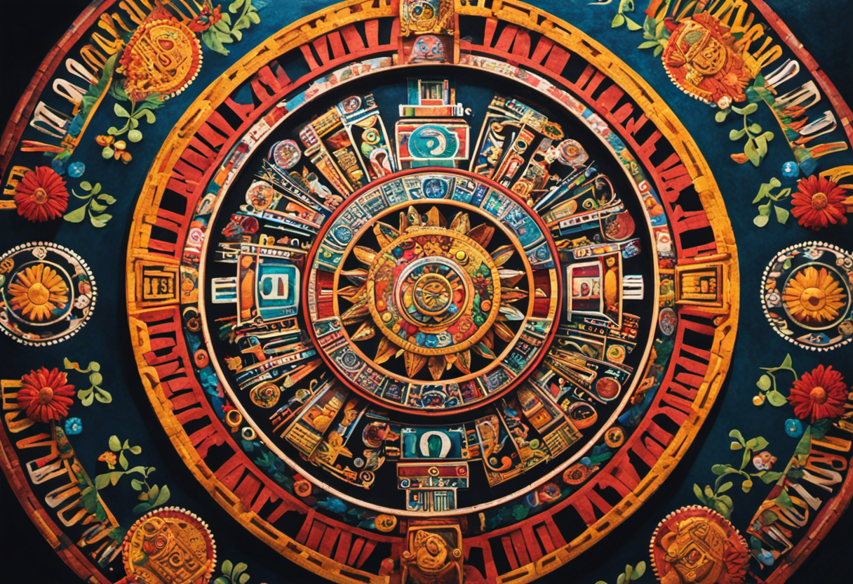 An image showcasing a vibrant mural of the iconic Aztec Calendar, adorned with traditional Mexican motifs, serving as a powerful symbol of national identity in modern Mexico