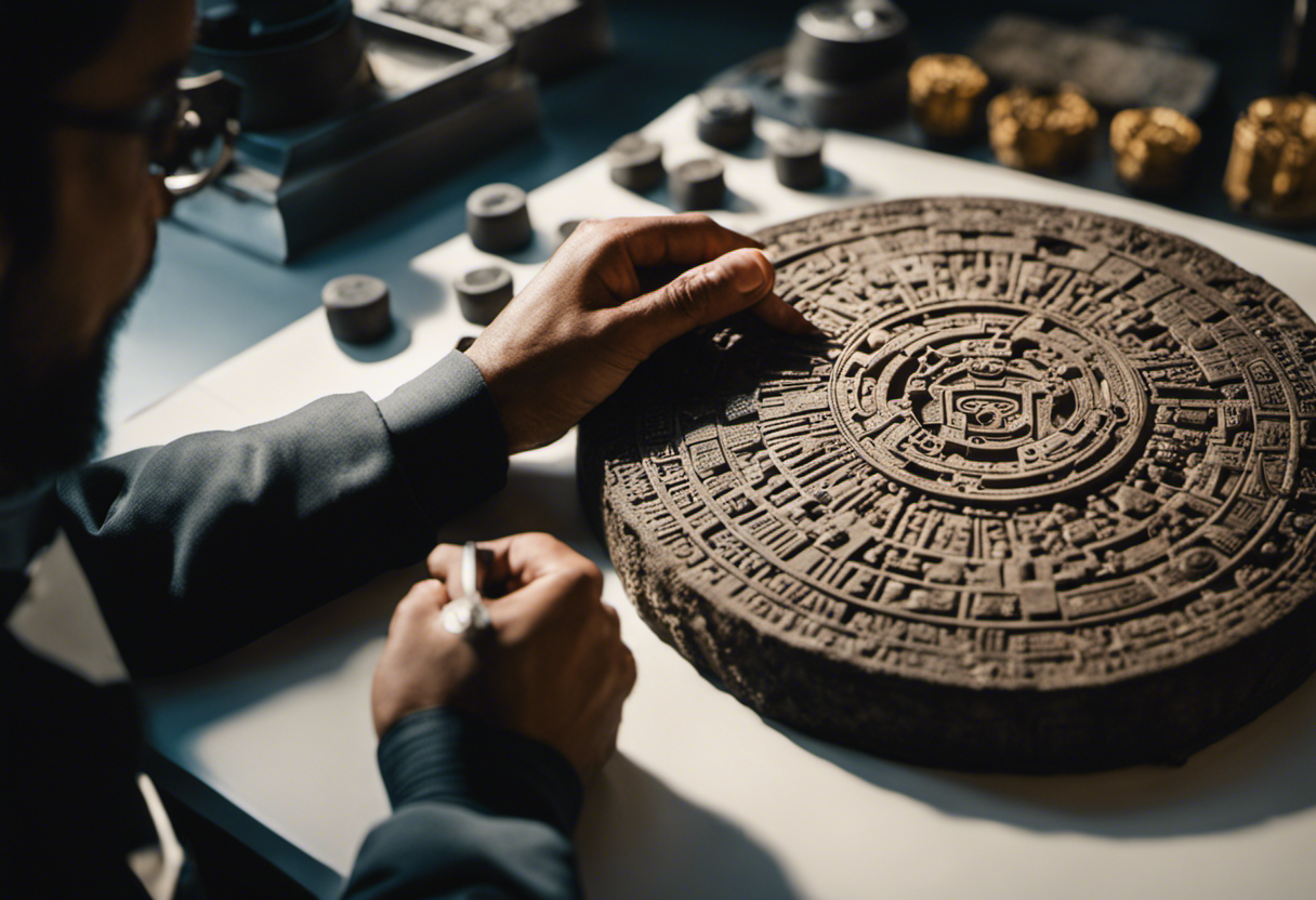 An image showcasing a modern-day archaeologist delicately examining an ancient, well-preserved Aztec calendar stone in a well-lit, climate-controlled laboratory, surrounded by scientific equipment and reference materials