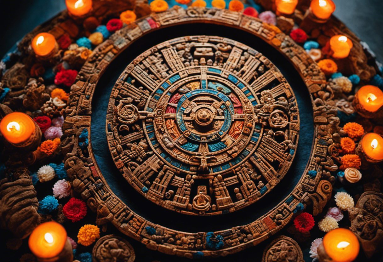 An image depicting an intricately carved Aztec calendar stone, surrounded by worshippers in elaborate ceremonial attire, engaged in a vibrant ritual