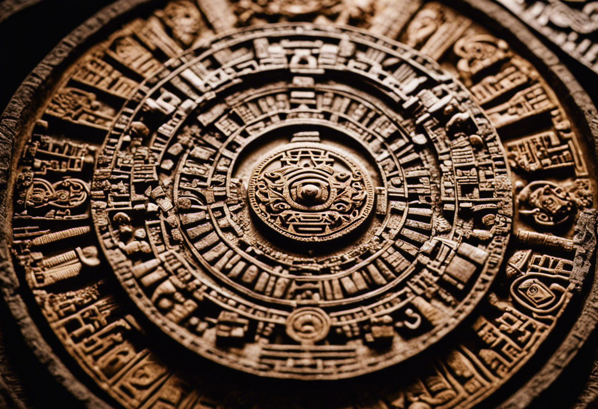An image showcasing the intricate Aztec calendar stone surrounded by artifacts from Mesoamerican cultures such as Mayan hieroglyphs, Olmec figurines, and Teotihuacan murals