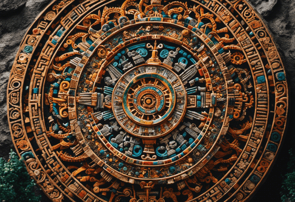 An image showcasing a vibrant mosaic-like Aztec calendar, carved meticulously into a circular stone slab, surrounded by intricate symbols representing celestial bodies, seasons, and intricate patterns, echoing the ancient civilization's profound connection to nature and the cosmos