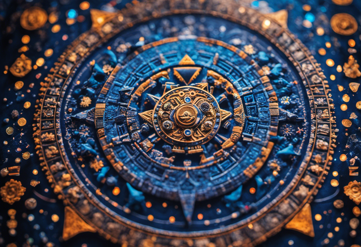 An image showcasing the celestial influences on the Aztec Calendar: vibrant hues of indigo sky blending with intricate geometric patterns, while constellations and celestial bodies gracefully intertwine, symbolizing the profound role of astronomy in shaping the Aztec calendar system