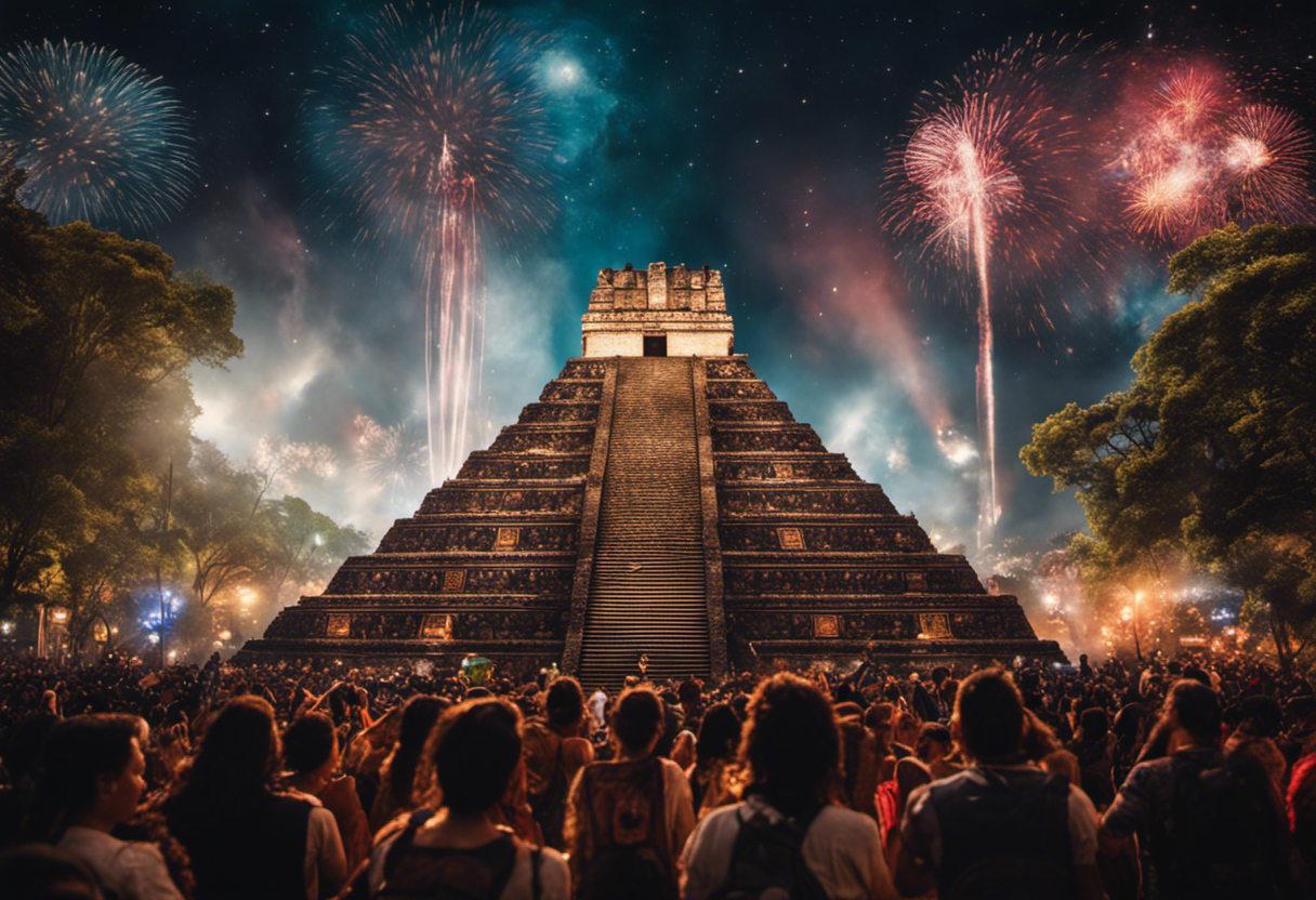 An image showcasing an intricately designed Aztec temple adorned with celestial motifs, surrounded by a bustling crowd engaging in vibrant rituals and festivals, emphasizing the profound influence of astronomy in Aztec culture