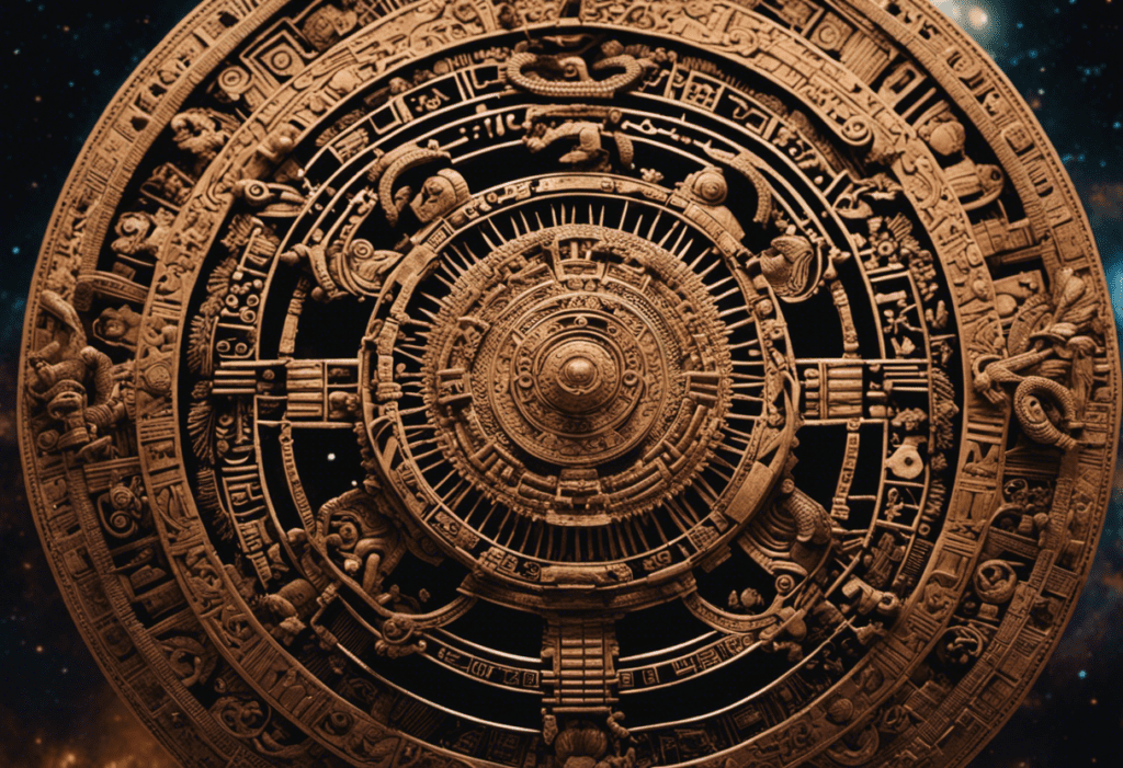 An image capturing the essence of the Aztec Calendar System's intricate connection with the celestial world: a mesmerizing blend of intricate glyphs, celestial bodies, celestial events, and a celestial observatory