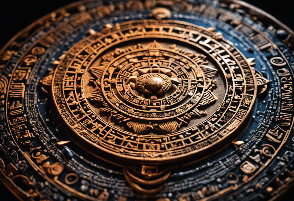 An image showcasing an intricately carved Aztec calendar stone surrounded by celestial elements - constellations, planets, and the sun - highlighting the profound influence of astronomy on the Aztec calendar system