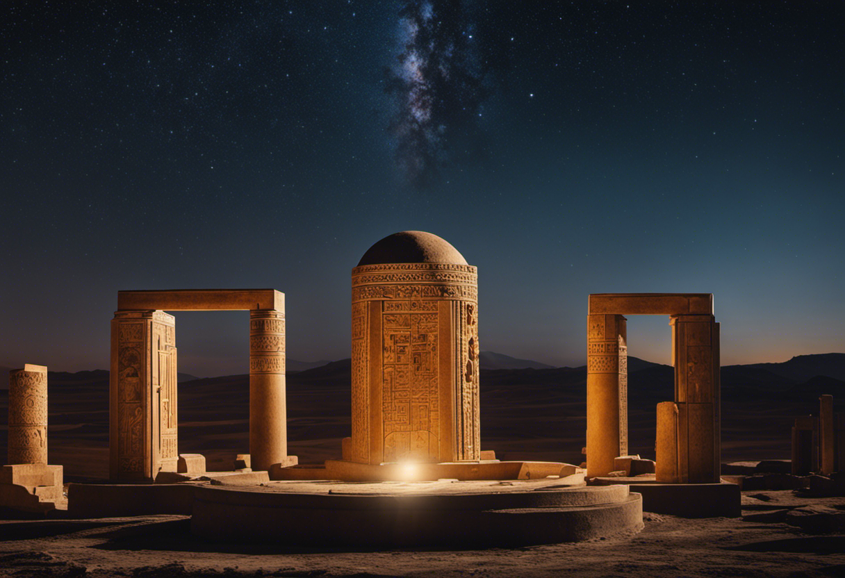 An image capturing the awe-inspiring sight of ancient Babylonian astronomers meticulously observing celestial bodies, using intricate instruments to track the stars, moon, and sun, shaping the foundation of their advanced calendar system