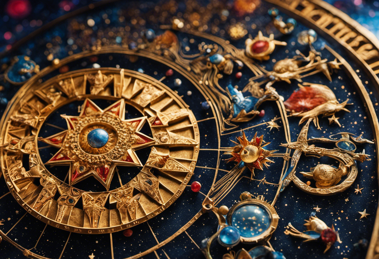 An image showcasing the intricate Babylonian zodiac, adorned with a celestial array of vividly colored constellations, symbolizing the profound influence of these star patterns on the development of their advanced calendar system