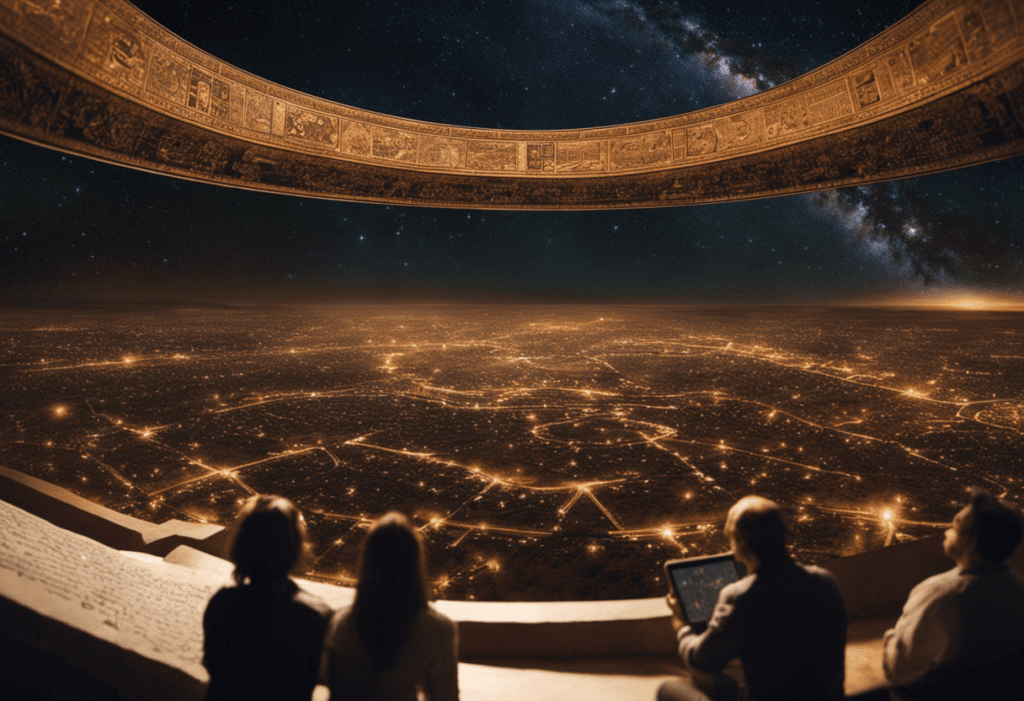 An image showcasing a mesmerizing celestial panorama, with a foreground featuring ancient Babylonian astronomers meticulously observing the night sky, their instruments and tablets adorned with intricate astronomical symbols and calculations