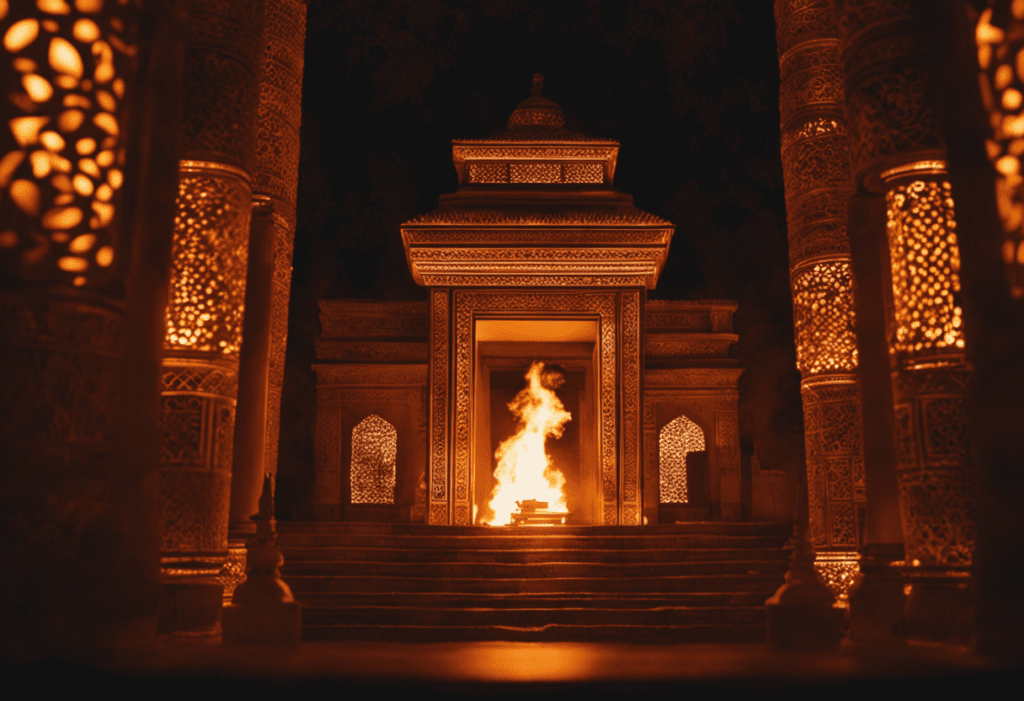 An image capturing the ethereal beauty of a Zoroastrian fire temple, adorned with intricate patterns and bathed in the warm glow of flickering flames, symbolizing the sacred role it plays in marking the passage of time