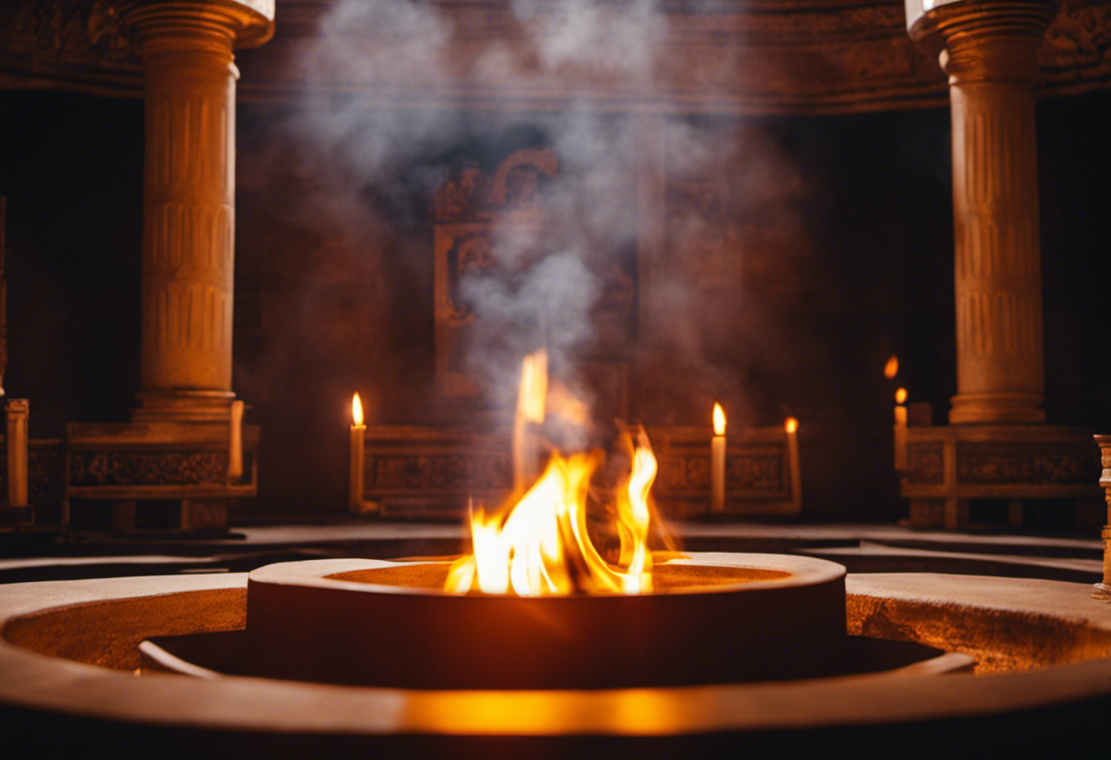 An image capturing the ethereal glow of a flickering fire in a grand Zoroastrian fire temple, symbolizing the divine presence and timeless essence of fire in Zoroastrian beliefs and rituals