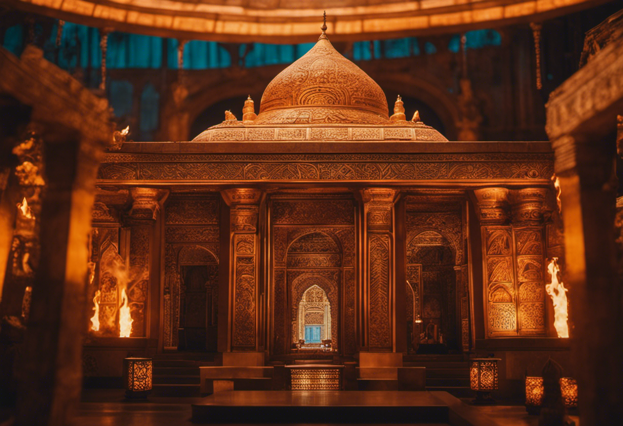 An image showcasing a majestic Fire Temple adorned with intricate carvings and vibrant stained glass windows, where Zoroastrians gather to celebrate their sacred festivals, immersing the scene in a warm glow of flickering flames