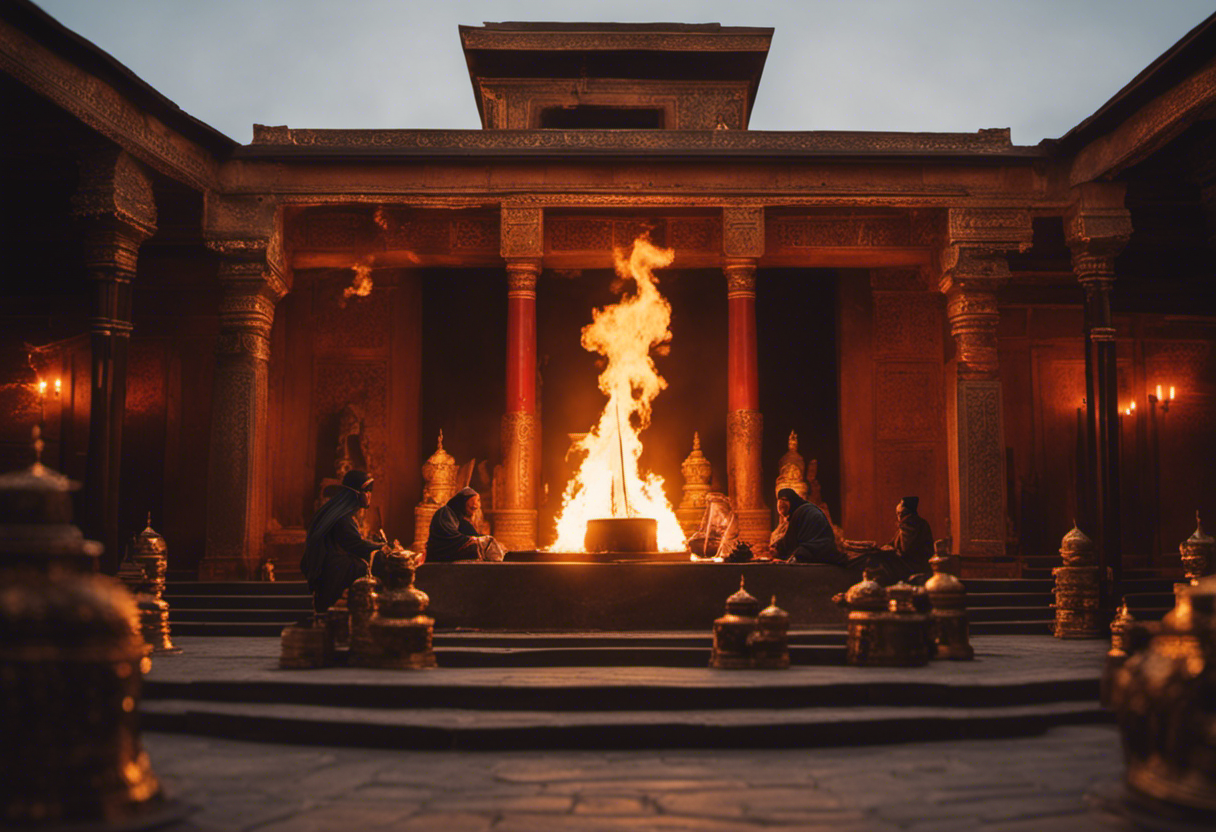 An image capturing the ethereal ambiance of a Zoroastrian fire temple, with a roaring fire at its heart, casting a warm glow on worshippers in the midst of performing intricate rituals and ceremonies