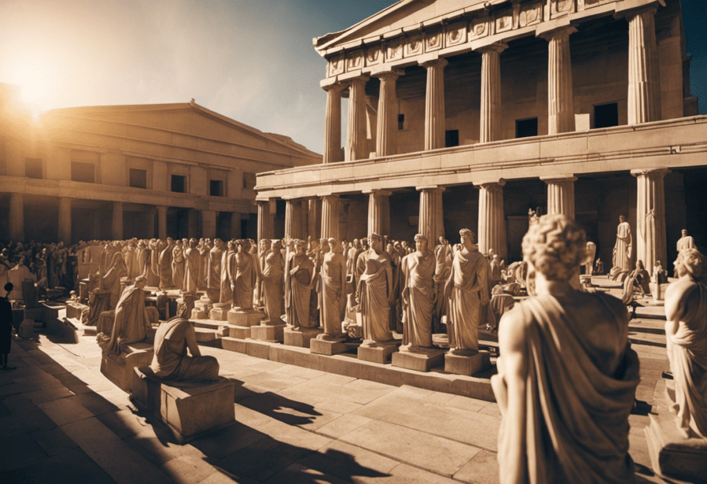 An image depicting a sun-drenched ancient Greek marketplace adorned with marble statues, where athletes train diligently while the bustling crowd eagerly awaits the Olympic Games, showcasing the power and significance of the Olympiad