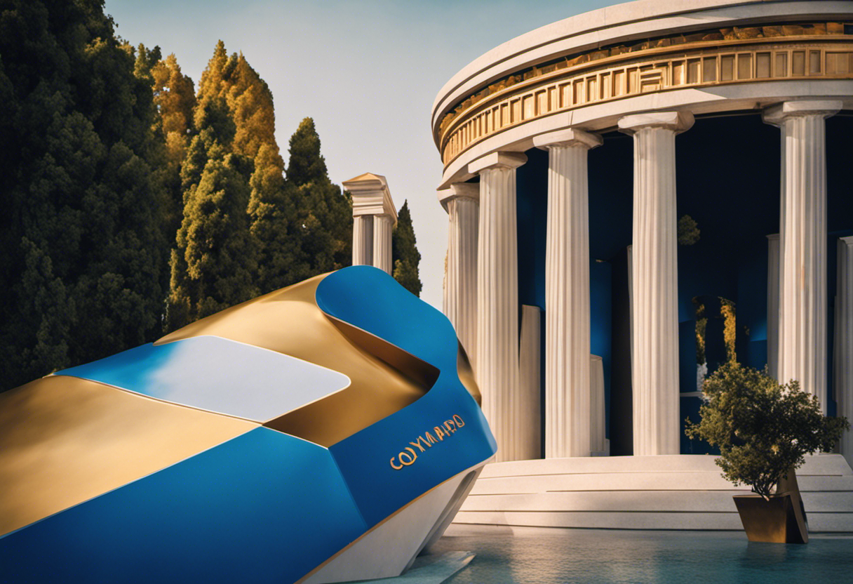An image depicting a vibrant blend of ancient Greek architecture and modern Olympic symbols, showcasing the legacy of the Olympiad