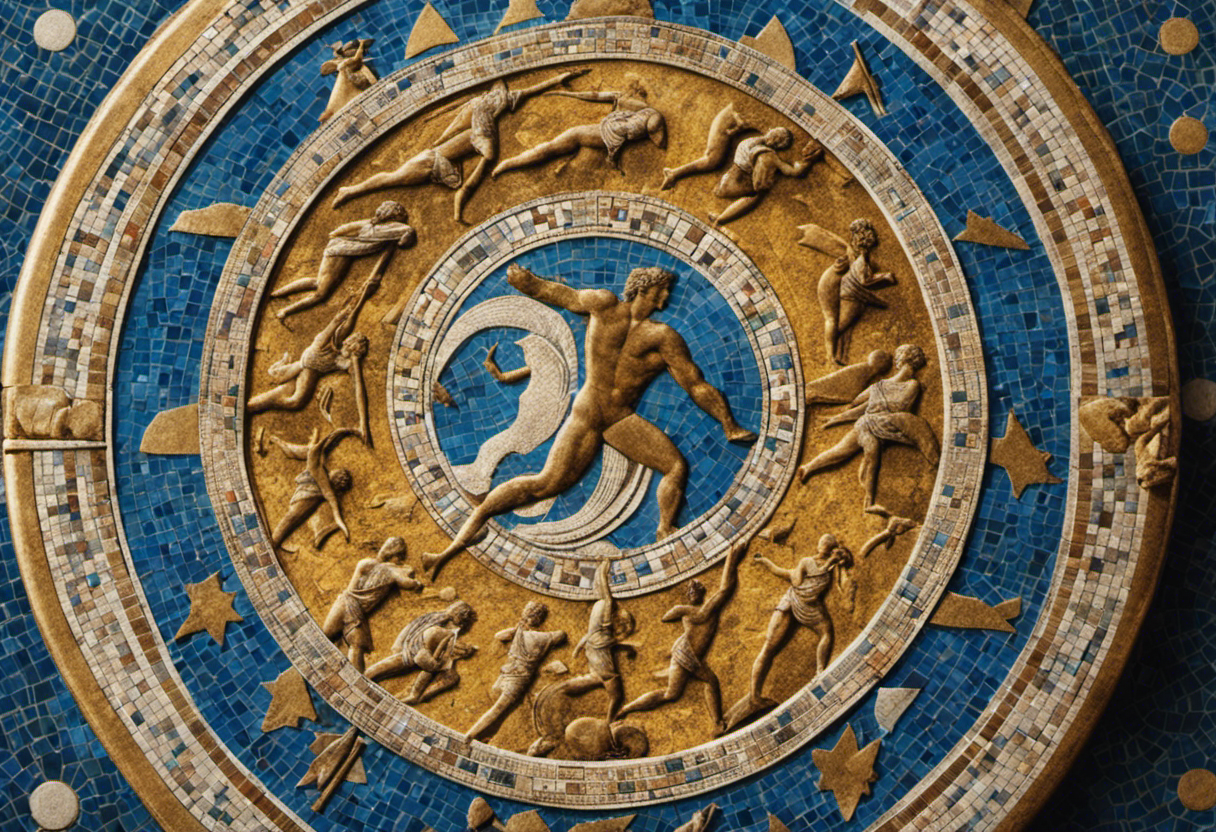 An image depicting a vibrant mosaic of ancient Greek athletes competing in the Olympic Games, surrounded by a celestial calendar, symbolizing the origin of the Olympiad and its enduring significance