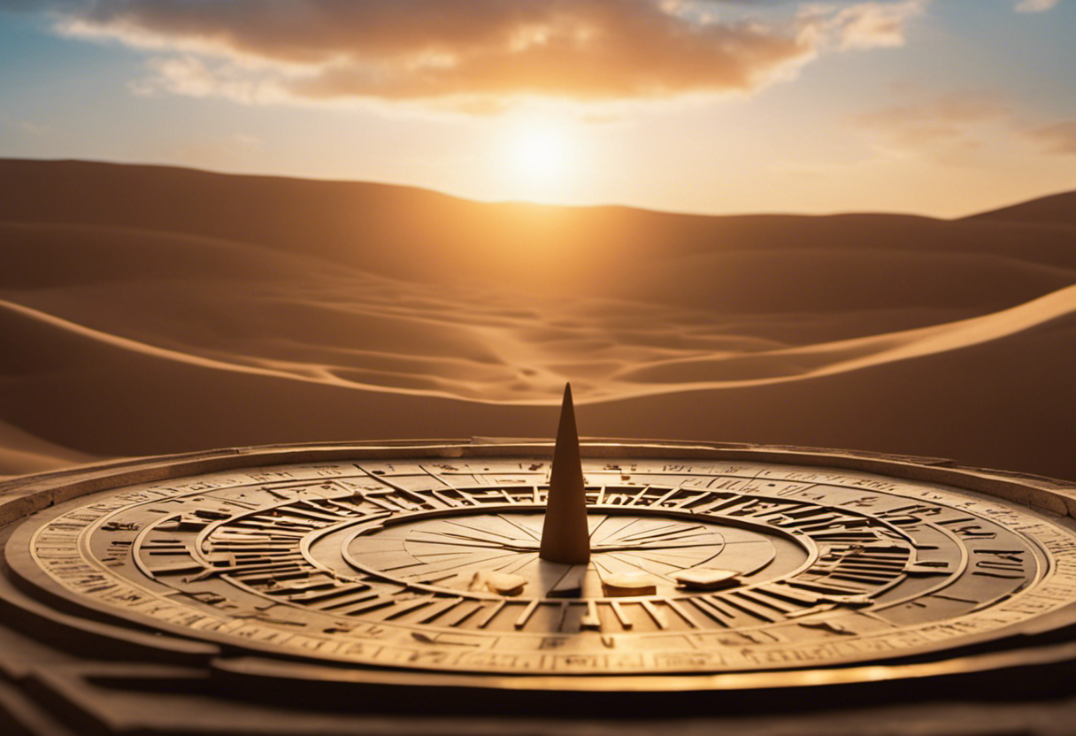 An image featuring a circular Egyptian sundial with intricate hieroglyphs and symbols representing the 24 divisions of the day, including "The Hour of the Sunrise" and "The Hour of the Setting Sun