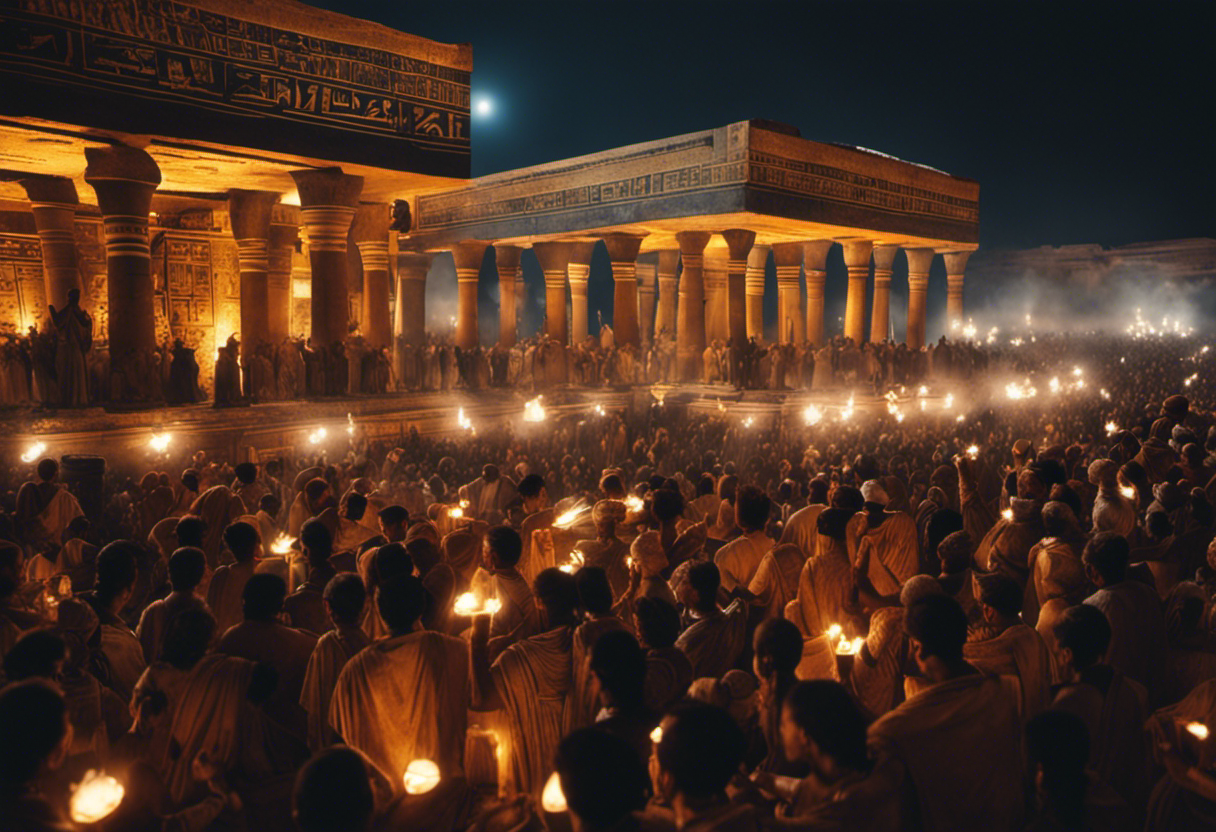 An image showcasing a crowded temple in ancient Egypt during a vibrant festival, with people offering prayers and making sacred offerings to various gods, capturing the joyous atmosphere and deep reverence