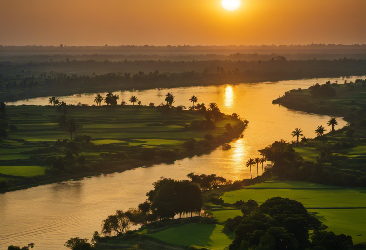 An image of a golden sun rising over the Nile River, illuminating lush green fields