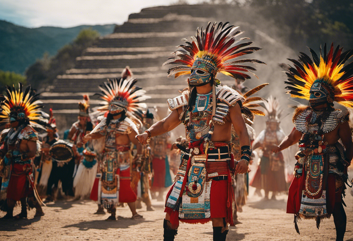 An image capturing the vibrant spectacle of an Aztec ritual, showcasing the Tonalpohualli calendar