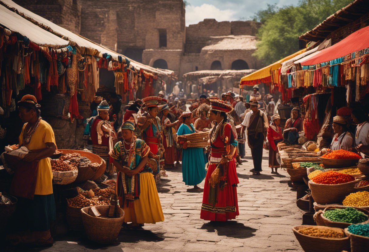 An image depicting an Aztec marketplace bustling with activity, showcasing merchants trading goods, people adorned in vibrant traditional clothing, and families engaging in daily activities, all within the context of the Tonalpohualli calendar