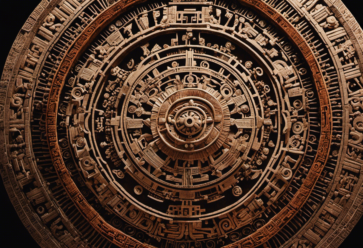 An image showcasing the intricate structure and components of the Tonalpohualli, the sacred Aztec calendar