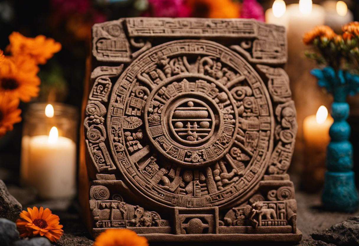 An image depicting a stone carving of the Tonalpohualli calendar, adorned with intricate Aztec symbols and surrounded by offerings of flowers and incense, showcasing its profound role in Aztec religious practices