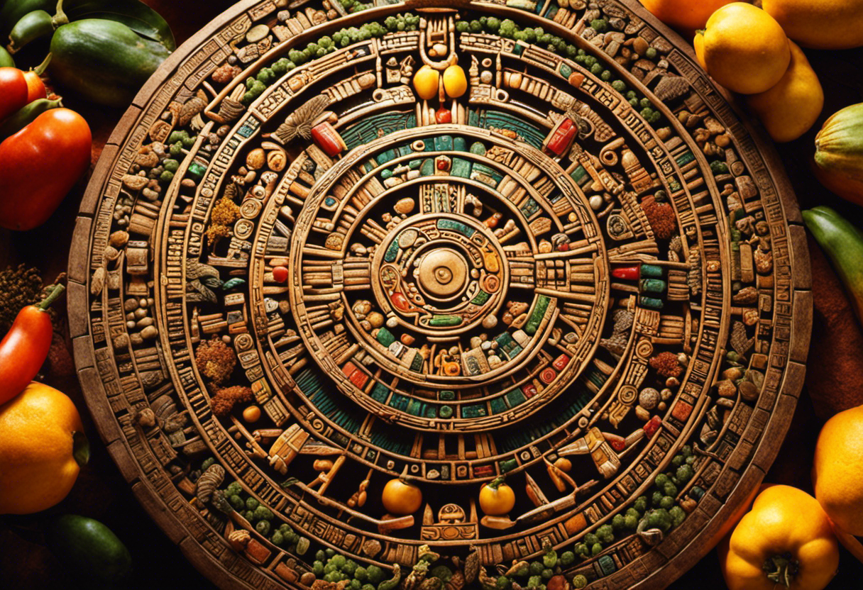 An image showcasing the Xiuhpohualli, the Aztec Solar Calendar, in relation to agriculture and harvesting