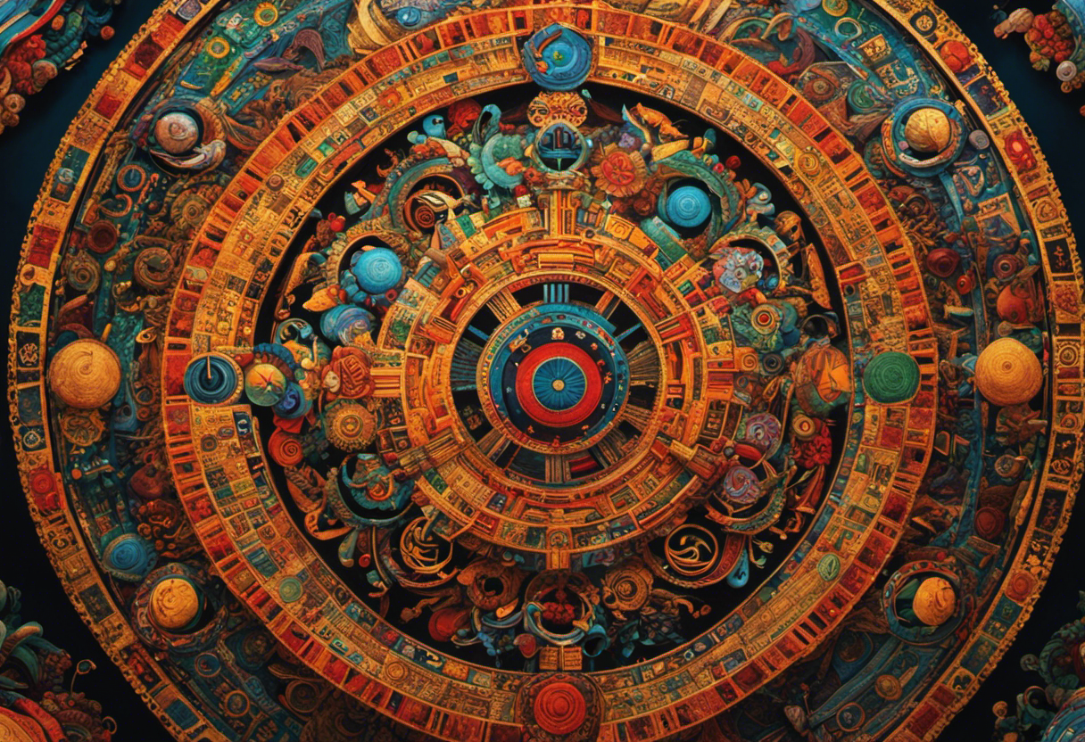 An image that showcases the intricate circular design of the Xiuhpohualli, with vibrant colors representing the 20 day signs and 18 months, surrounded by symbolic elements highlighting the celestial and agricultural significance of the Aztec Solar Calendar