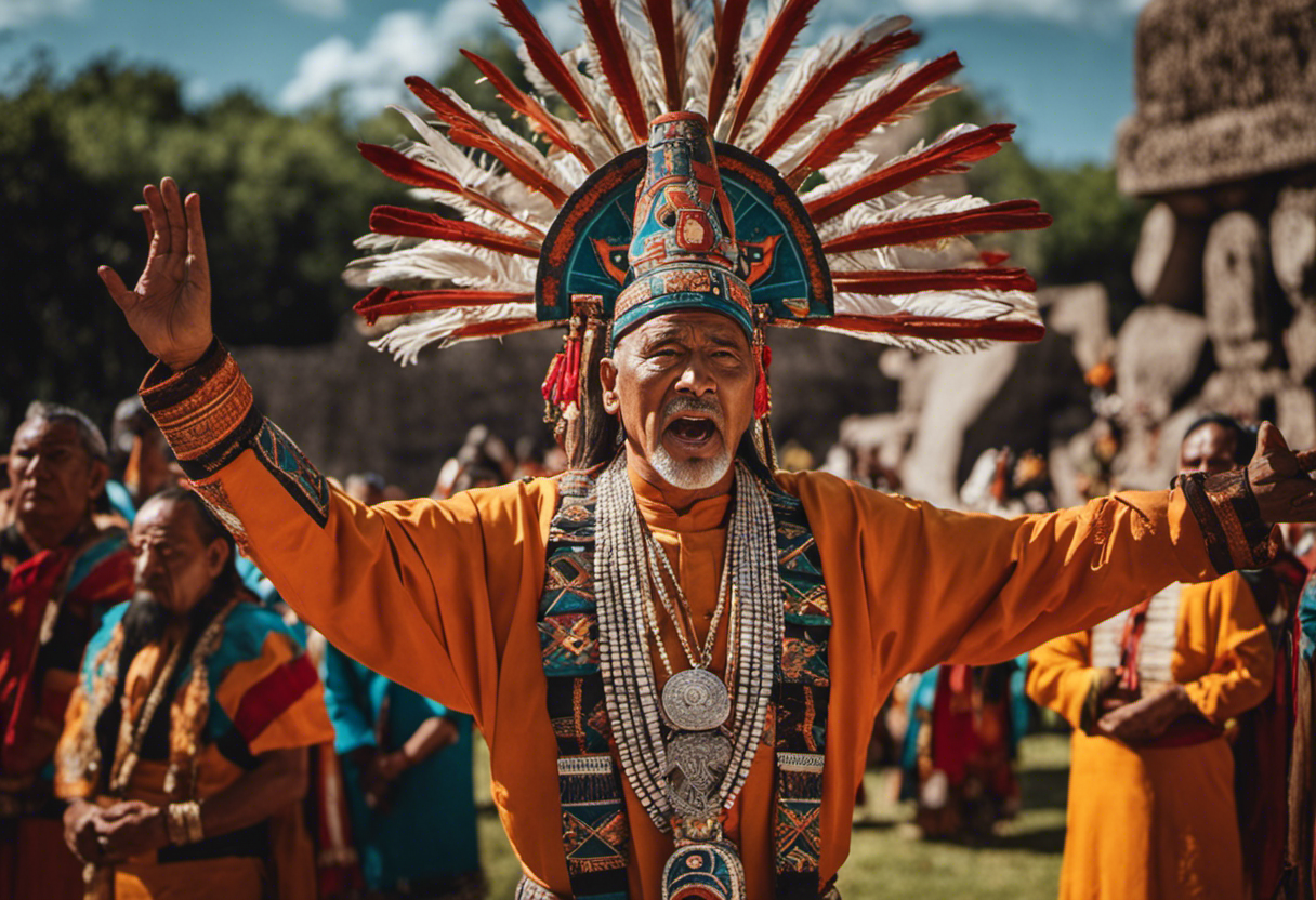 An image depicting an Aztec priest in vibrant traditional attire performing a ritualistic ceremony in front of a massive stone calendar