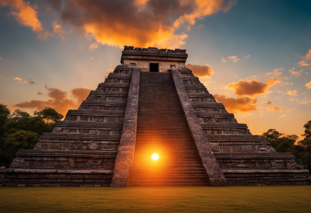 An image depicting an ancient Aztec temple with a vibrant sunrise in the background, showcasing the Xiuhpohualli carved on a stone tablet, symbolizing the origins of the Aztec Solar Calendar