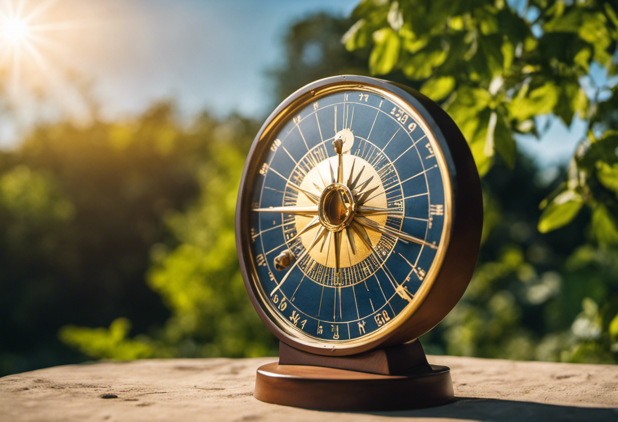 An image depicting a bright, sunlit landscape with a clear blue sky, showcasing a solar dial or sundial