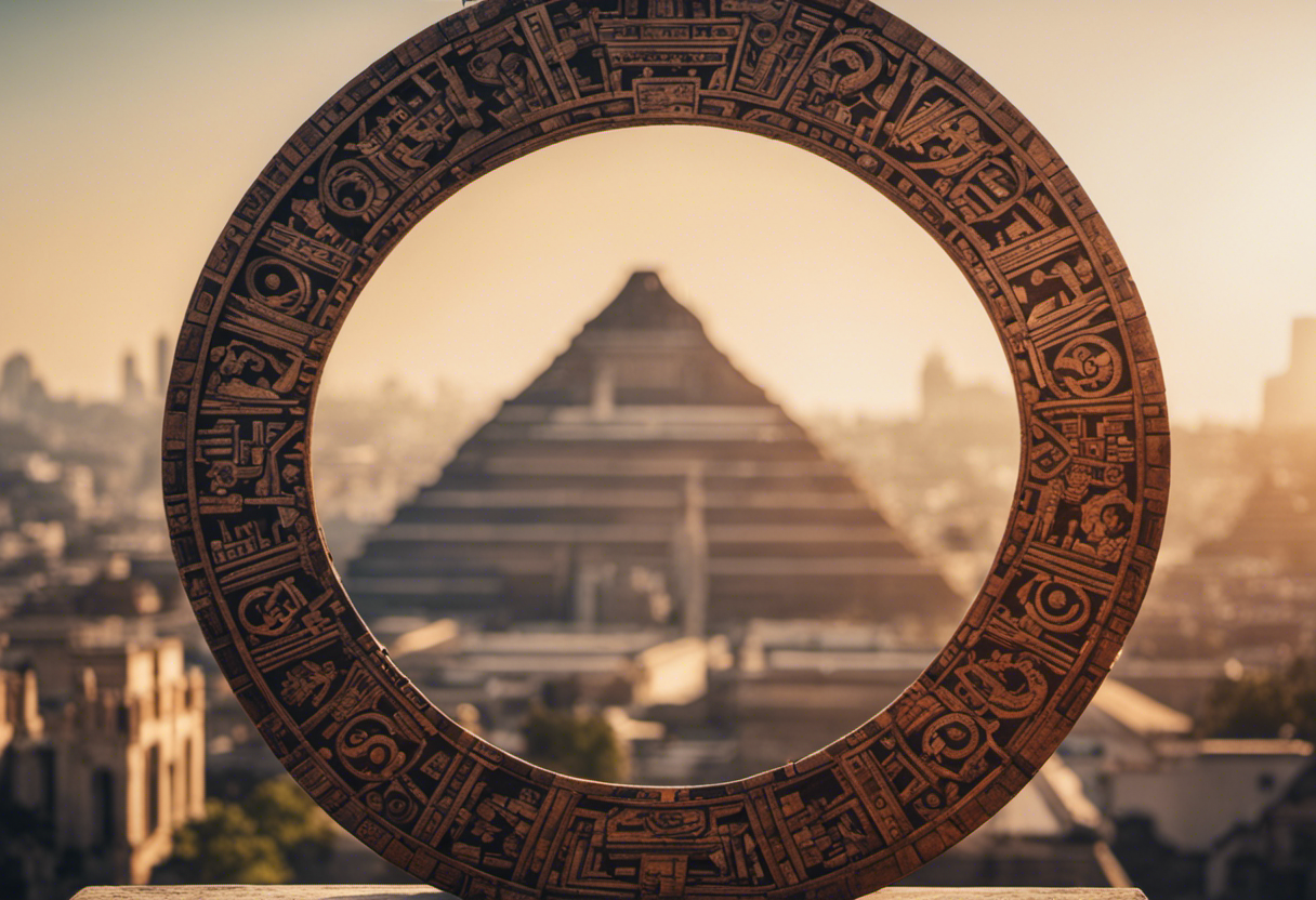 An image illustrating the interplay between the ancient Aztec Calendar and modern society: juxtapose a bustling cityscape with iconic Aztec symbols subtly integrated into its architecture, art, and fashion