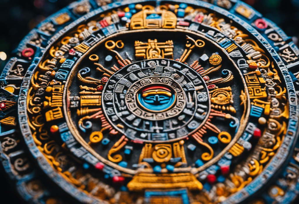 An image showcasing a detailed reproduction of the intricate Aztec calendar stone, surrounded by vibrant symbols representing celestial bodies, deities, and intricate geometric patterns, inviting readers to dive into the fascinating world of the Aztec calendar