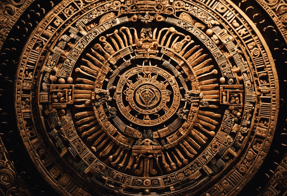 An image showcasing the intricate design of the Aztec Calendar, highlighting its concentric circles, elaborate glyphs, and celestial motifs, providing a visual representation of the structure and components of this ancient calendrical system