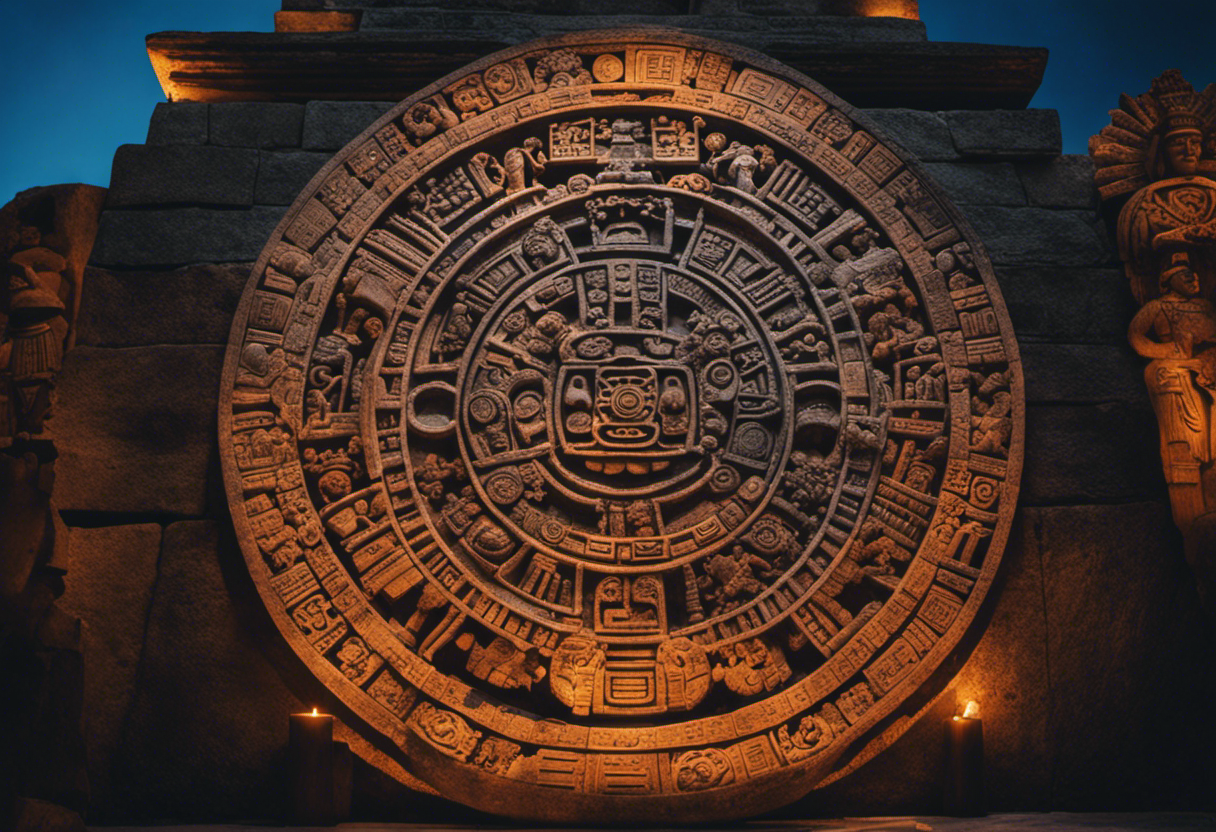 An image that showcases the Aztec Calendar Stone, surrounded by intricate carvings and symbols, with a group of Aztec priests studying it beneath a celestial sky, highlighting the significance of the calendar in Aztec society