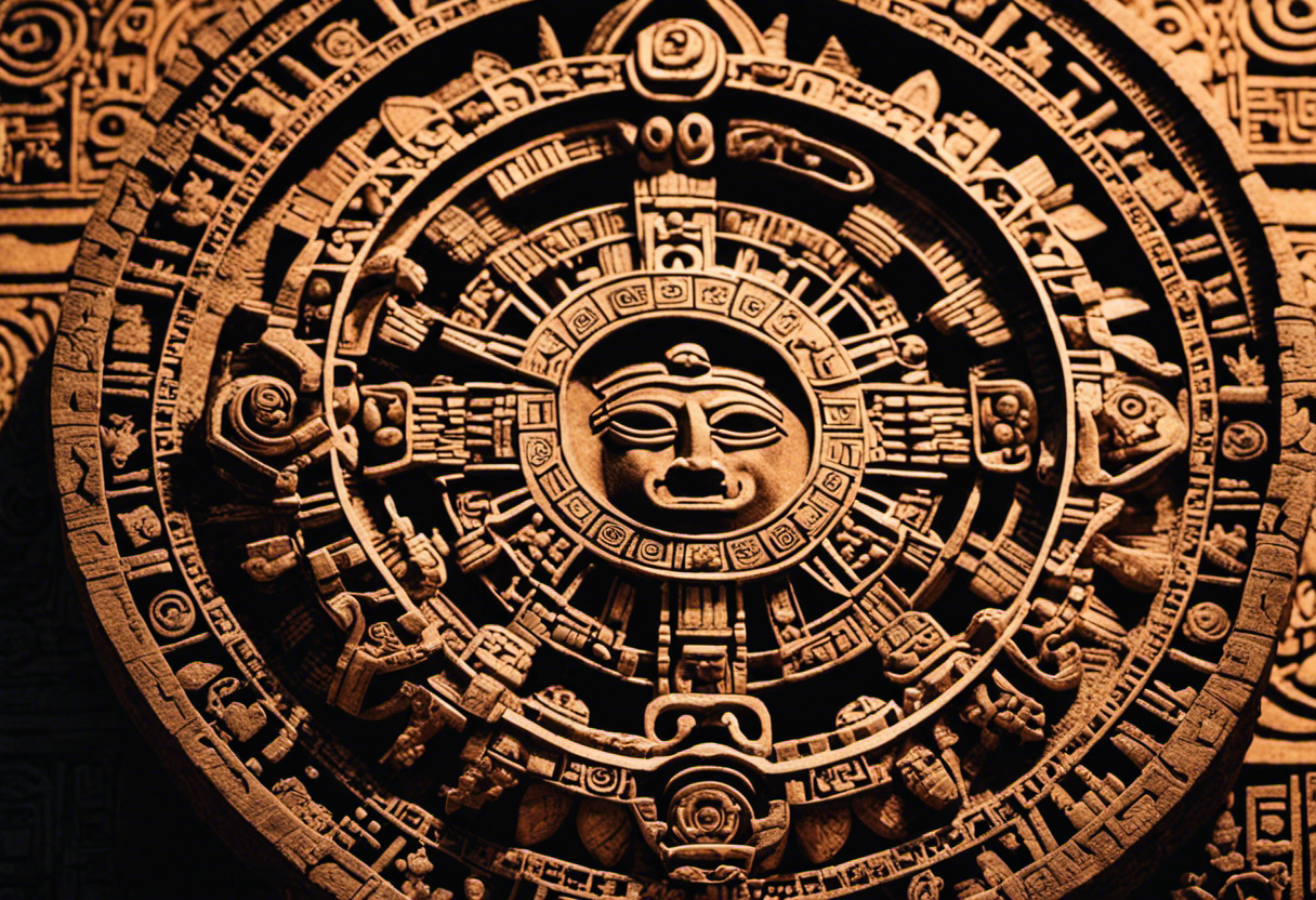 An image depicting the intricate stone carvings of the Aztec Calendar, showcasing the sun god Tonatiuh in the center, surrounded by intricate symbols representing the celestial origins of the Aztec Calendar