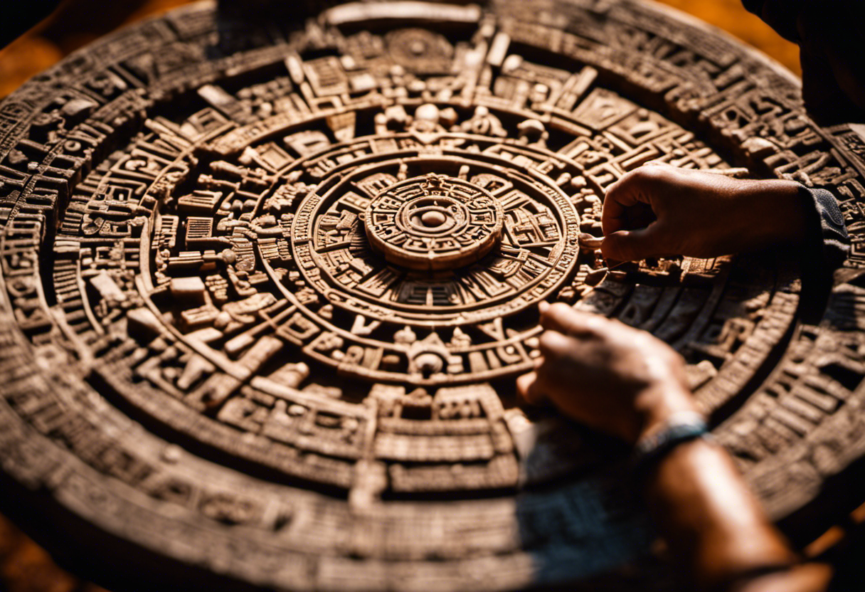 An image depicting an intricately carved stone Aztec calendar, surrounded by scholars analyzing its symbols and hieroglyphs, highlighting the complex process of interpreting and understanding Aztec calendar dates