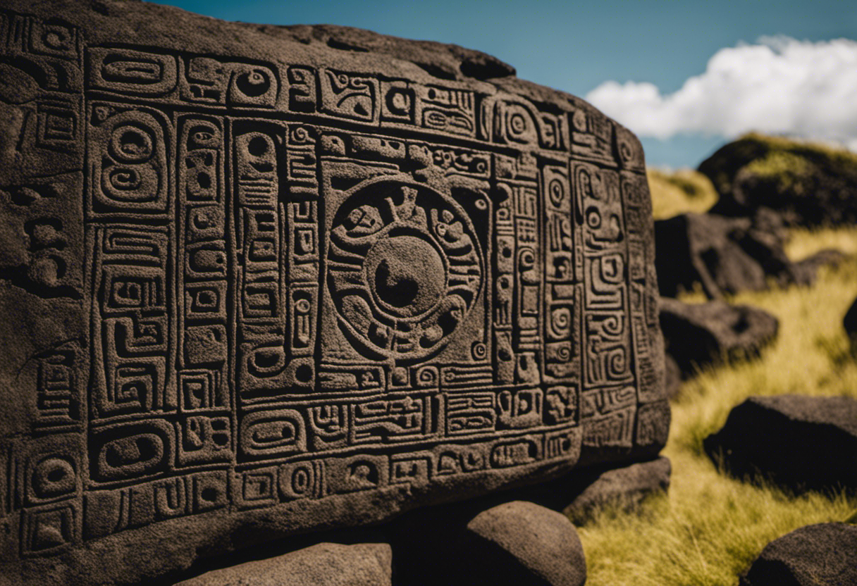 An image capturing the intricate petroglyphs carved on ancient stones, depicting celestial bodies and intricate patterns, showcasing the key features of the Rapa Nui Calendar
